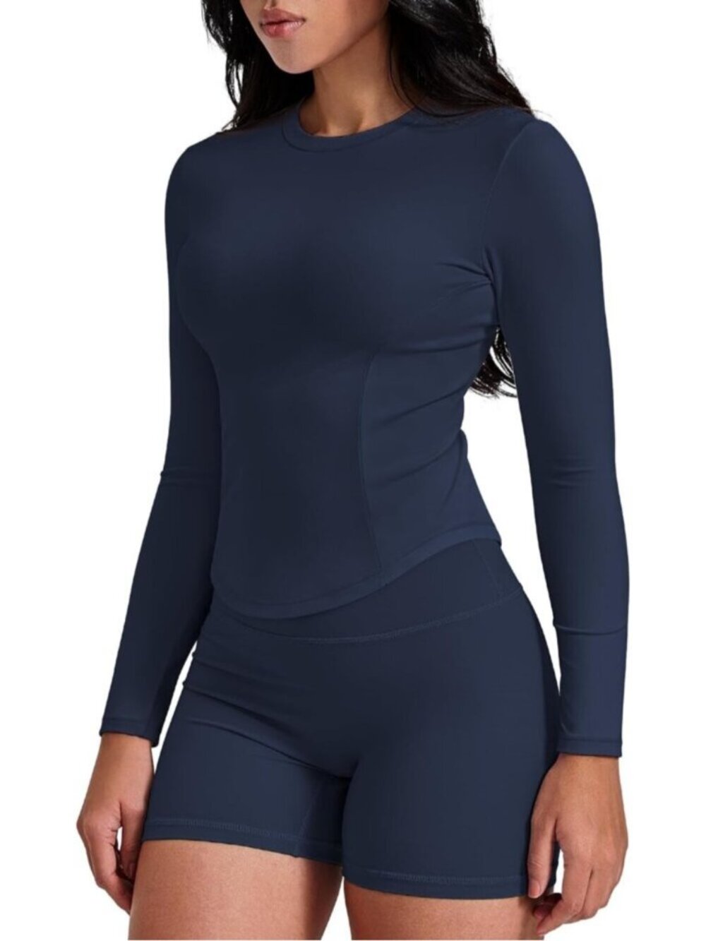 Women Navy Long Sleeve Workout Shirts Cropped Athletic Tops Slim Fit Crew Neck